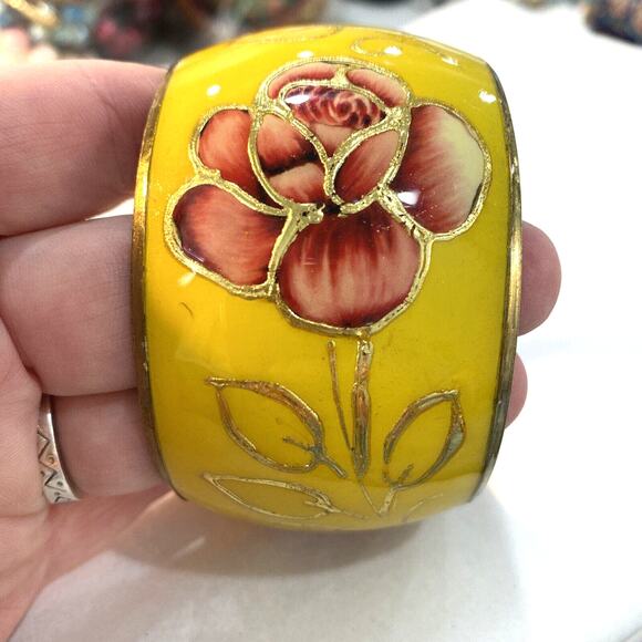 Retro brass bangle bracelet mod mustard yellow pink enamel floral Boho festival - Picture 2 of 6